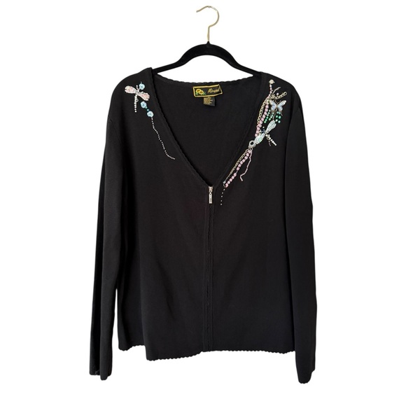 Vintage Black Cardigan Sweater Size XL Rhinestone Embroidered Dragonfly - Picture 17 of 17